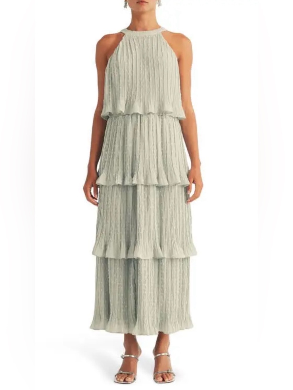 AROSE LAUREN HALTER NECK PLEATED SWISS DOT TIERED SAGE GREEN MIDI DRESS S/M NWT - Picture 3 of 11